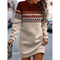Autumn-Winter New Cross-border Foreign Trade European and American Women's Printed Color-Block Round-Neck Dress