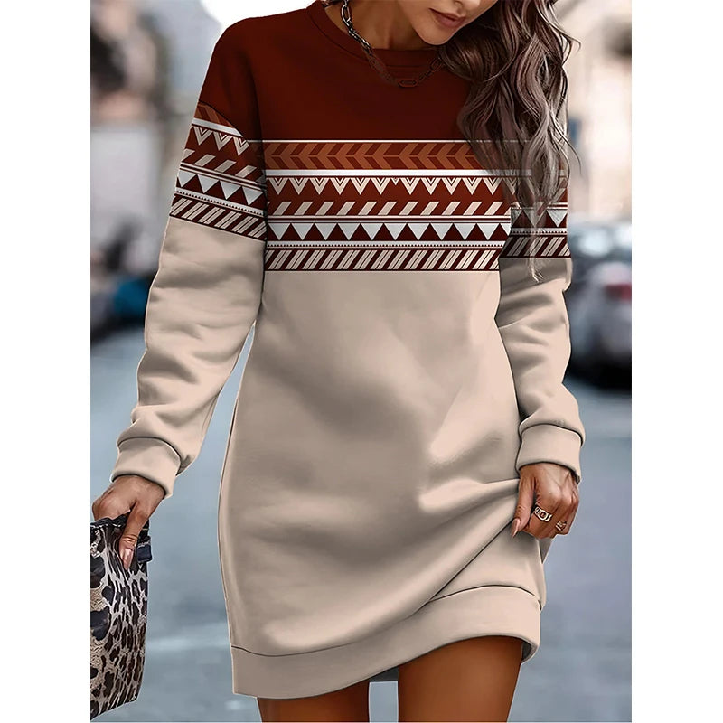 Autumn-Winter New Cross-border Foreign Trade European and American Women's Printed Color-Block Round-Neck Dress