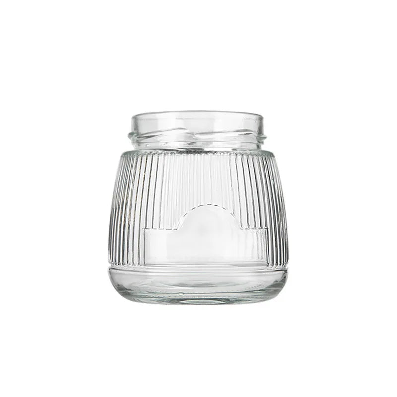 Eco Friendly Wholesale High Quality 380ml Striped Empty Round Pudding Glass Jar Bird's Nest Jar with Metal Lid