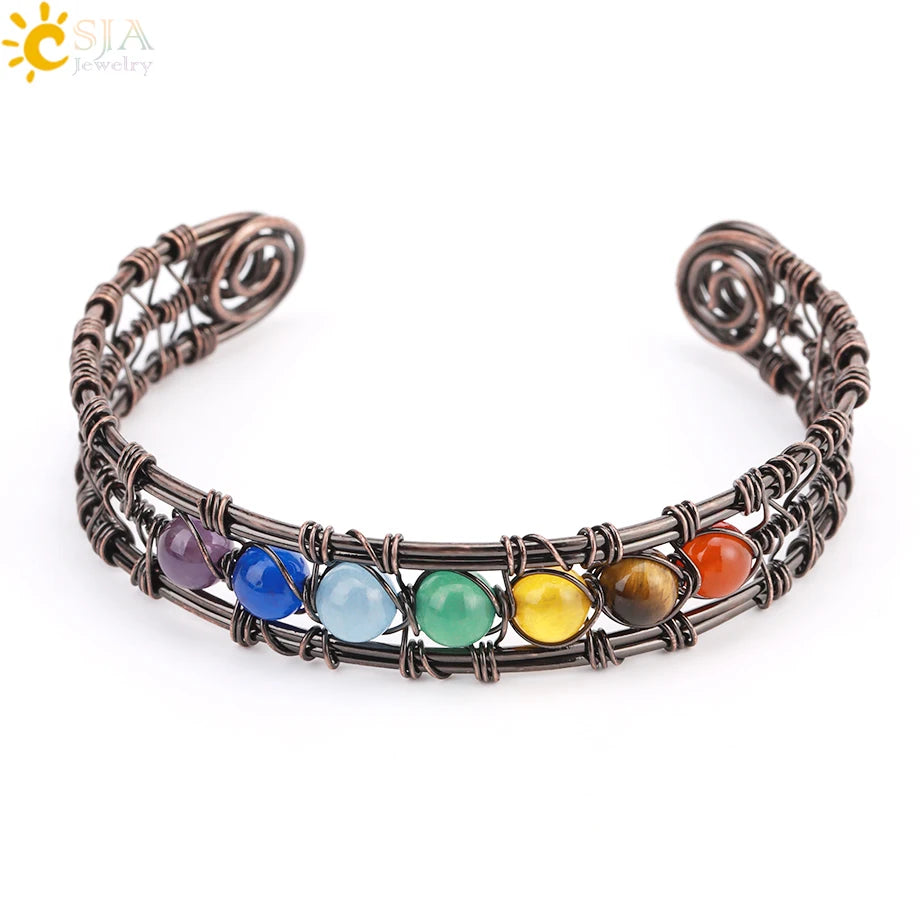 CSJA Gold Color Wire Wrapped Copper 7 Chakra Bracelets Natural Quartz Open Cuff  Gemstone Bracelet Bangle for Men Women H311