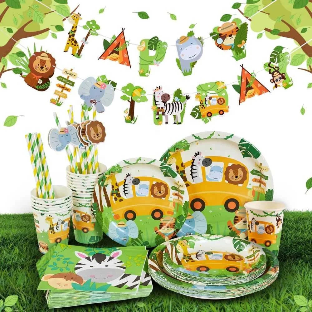 Jungle Safari Banner Plates Napkins Straws Cups Birthday Party Supplies for Safari Jungle Theme Birthday Decorations