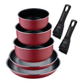 Set of 2 frying pans 22/26cm with removable handle + 3 saucepans 16/18/20cm with removable handle - in pressed aluminum red