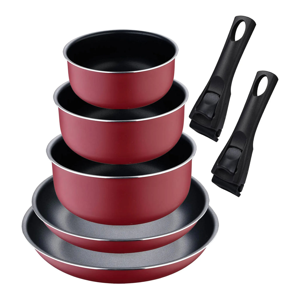 Set of 2 frying pans 22/26cm with removable handle + 3 saucepans 16/18/20cm with removable handle - in pressed aluminum red