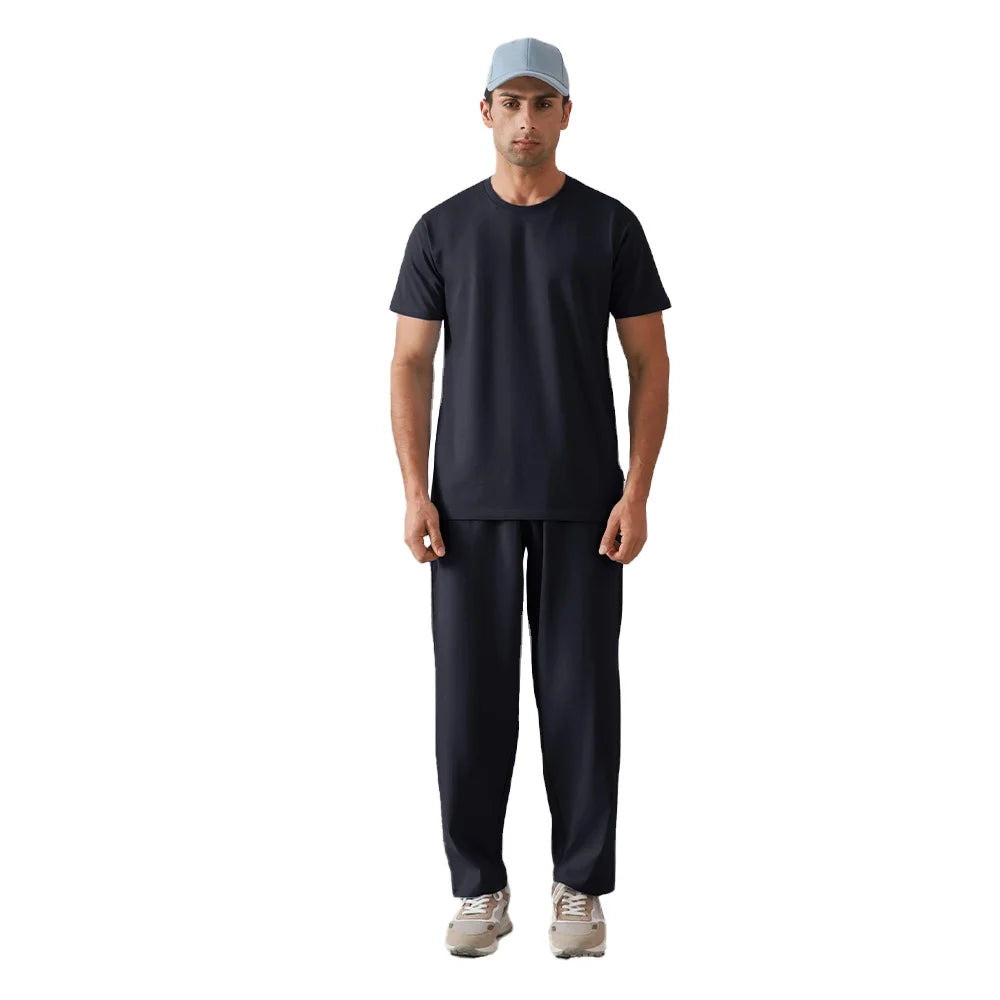 Custom Men's Navy Blue Two Piece Outfit Short Sleeve T Shirt with Straight Pants Casual Streetwear Tracksuit Set Summer Fashion
