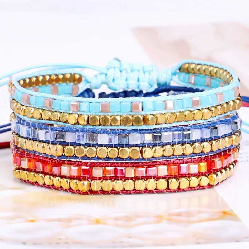 Creative New Handmade Women Multi Color Crystal Brass Beads Boho Bohemia Style Wax Line Jewelry Beaded Bracelet MegaBDM