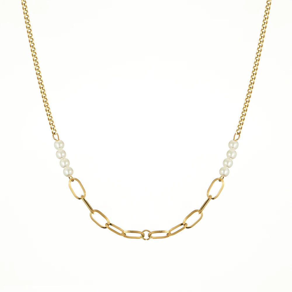 PVD 18K Gold Plated Stainless Steel Jewelry Splicing Link Chain Pearl Necklace Waterproof for Woman Party Necklace P243503