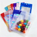 Reclosable Small Resealable Pouches Colorful Holographic Food Packaging Ziplock Bags with Window Plastic Custom Design