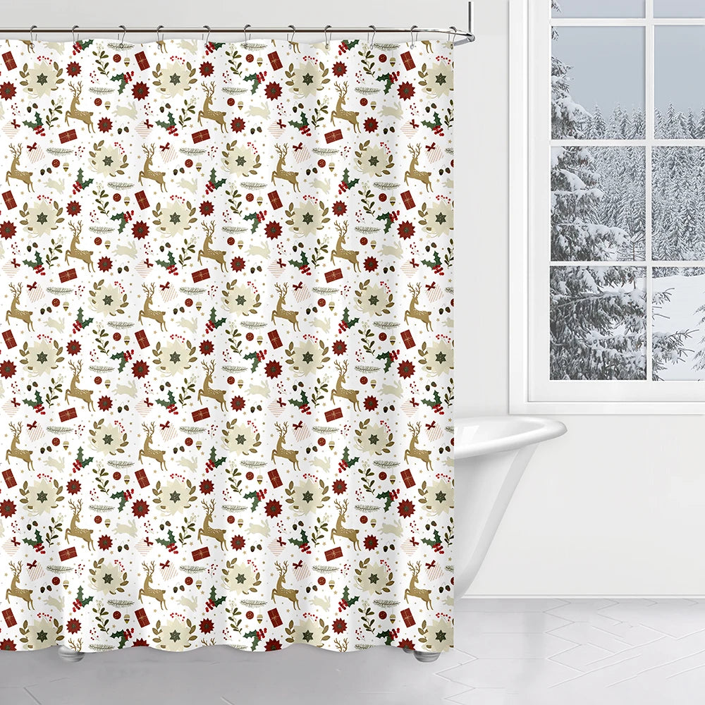 Christmas Shower Curtain Sets Winter Deer Pine Tree Snowflake Modern Eco-Friendly Durable Waterproof Polyester Fabric 12PCS