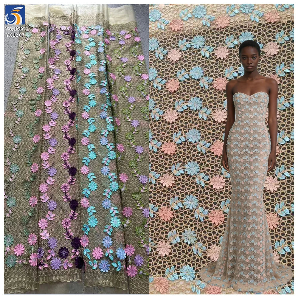 YX1267 Competitive Prices 3D Embroidered Flowers Fabric Coffee Brown Embroidery Net Mesh Lace African Nigerian Fabric MegaBDM