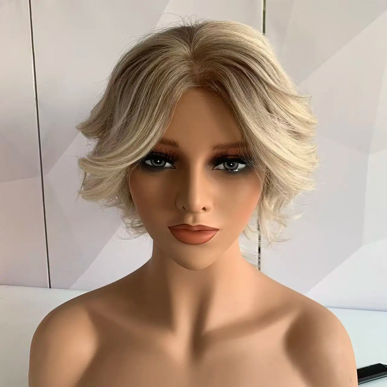 Ready to Ship Dark Roots Blonde Silk Top Short Pixie Cut Wig Replacement European Raw Hair Human Hair for Women