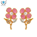 Trendy Gold-Plated Women's Small Flower Stud Earrings New Enamel with Slightly Inlaid Rhinestones and Pearl Made of Alloy