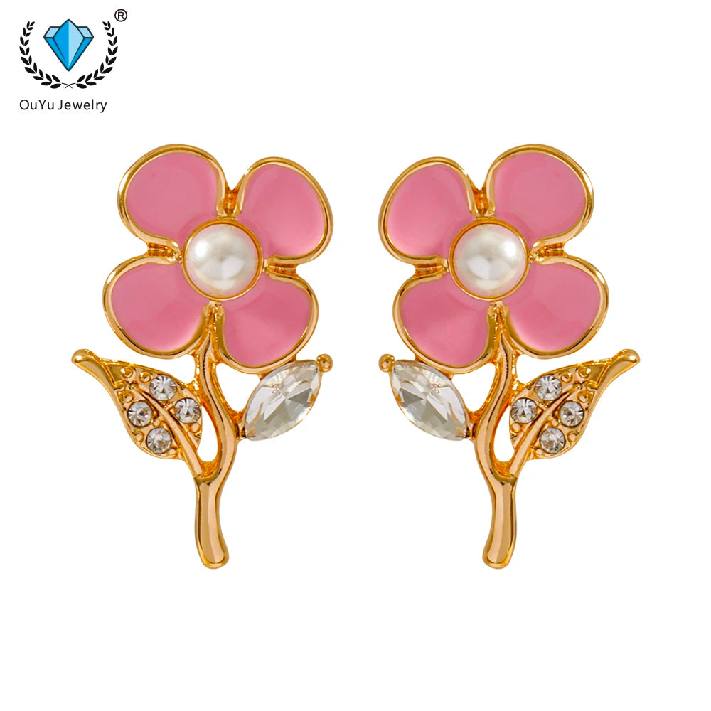 Trendy Gold-Plated Women's Small Flower Stud Earrings New Enamel with Slightly Inlaid Rhinestones and Pearl Made of Alloy