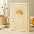 LABON Ivory Faux Leather Notebook with Gold Foil Sun and Mountain Design Botanical Debossed A5 Journal for Daily Writing Gift