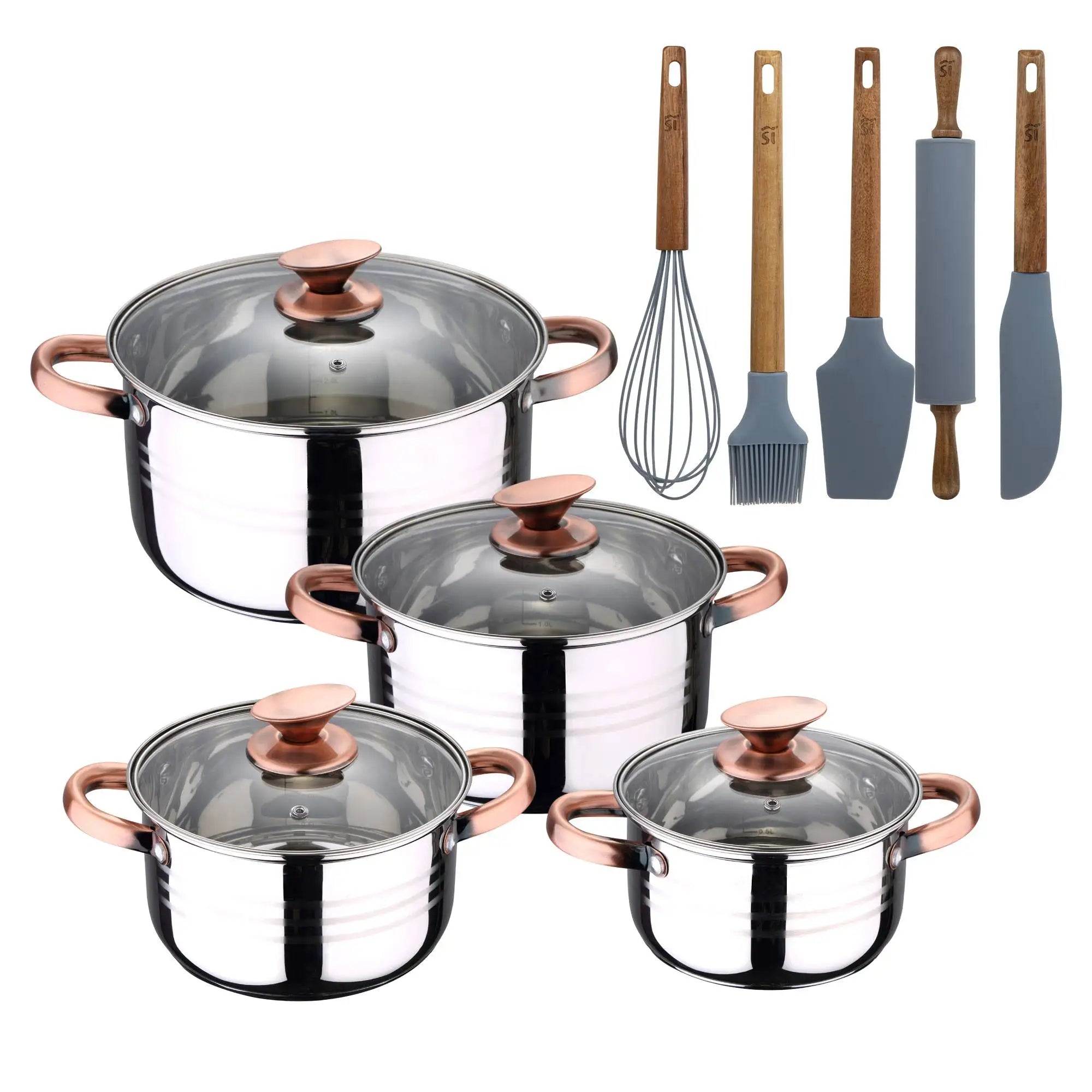 8-piece stainless steel cookware set suitable for induction hobs San Ignacio Premium Collection + 5-piece silicone and wooden