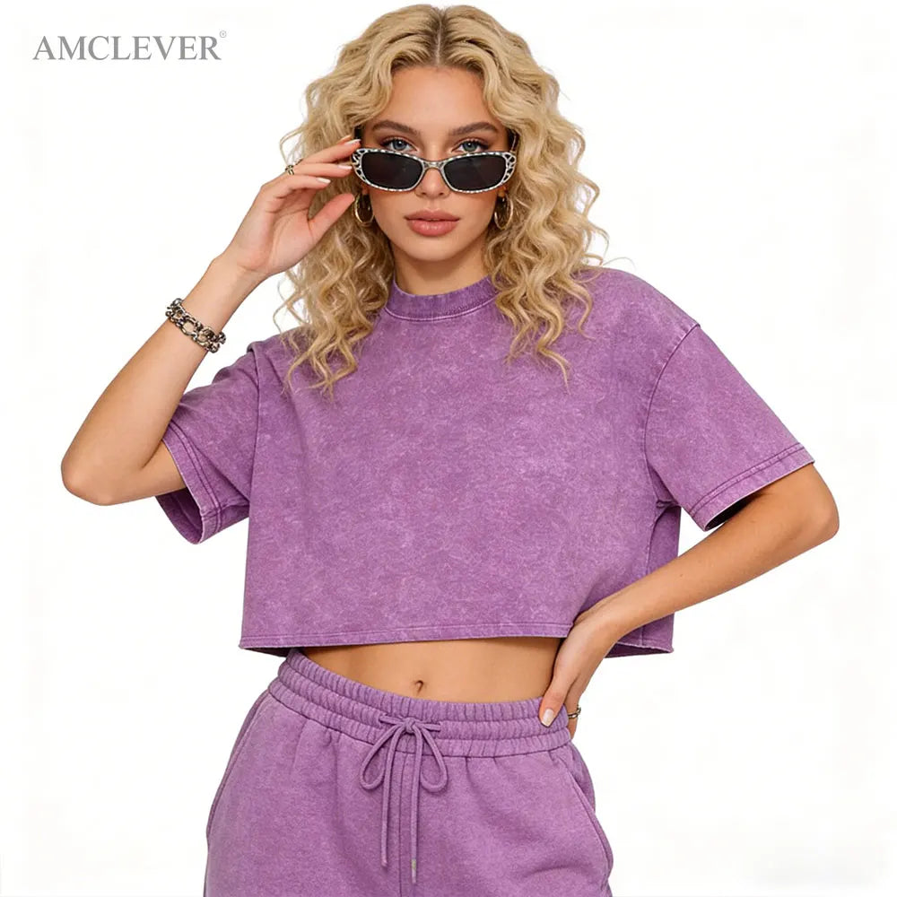 Stone Washed Women's Crop Top 240GSM 100% Cotton Vintage Distressed Streetwear Cropped Short Sleeve T-shirt