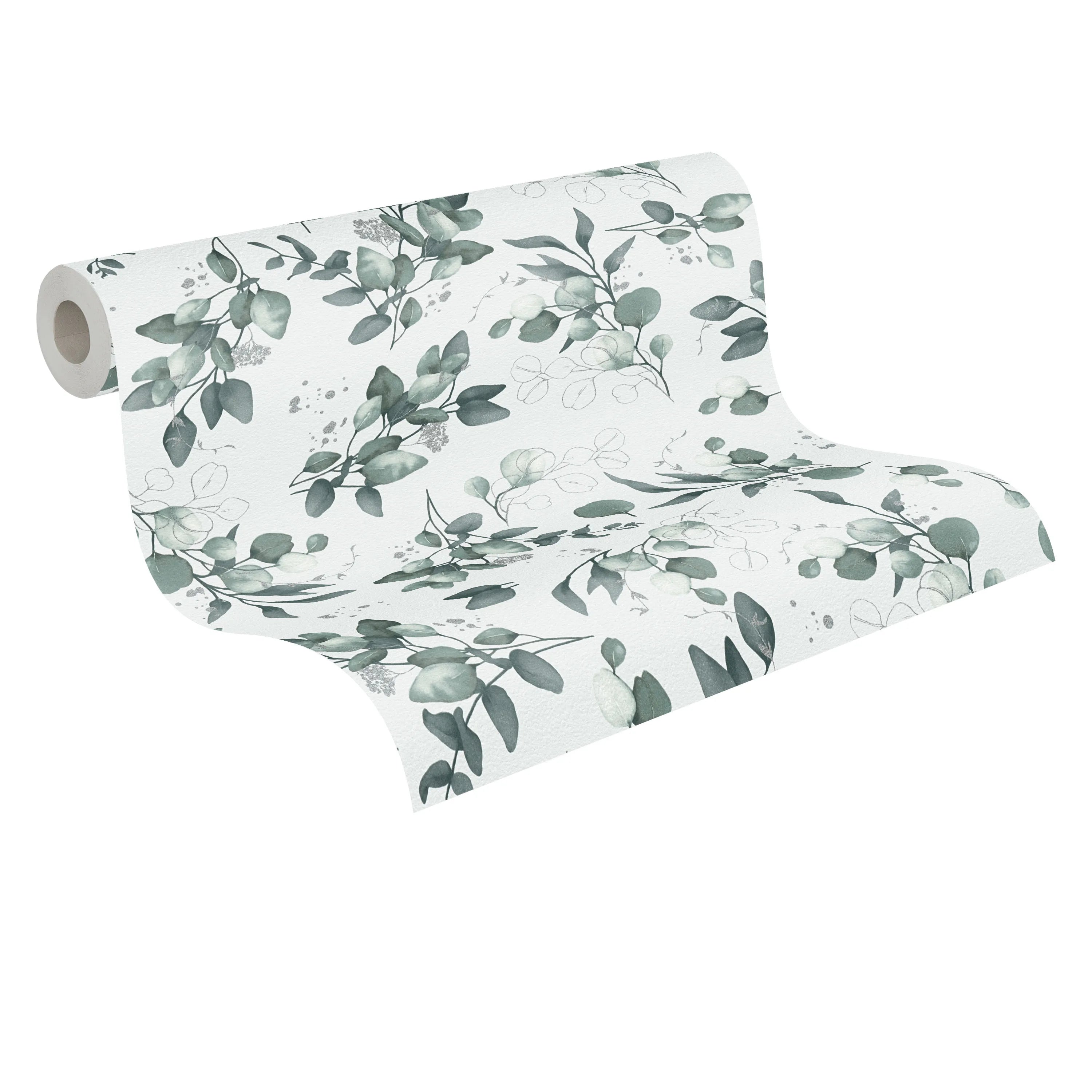 Made in Germany - Wallpaper rolls Floral White Green Silver - Non Woven- Modern Wallpaper Leaves for Walls - 1005 x 053 m