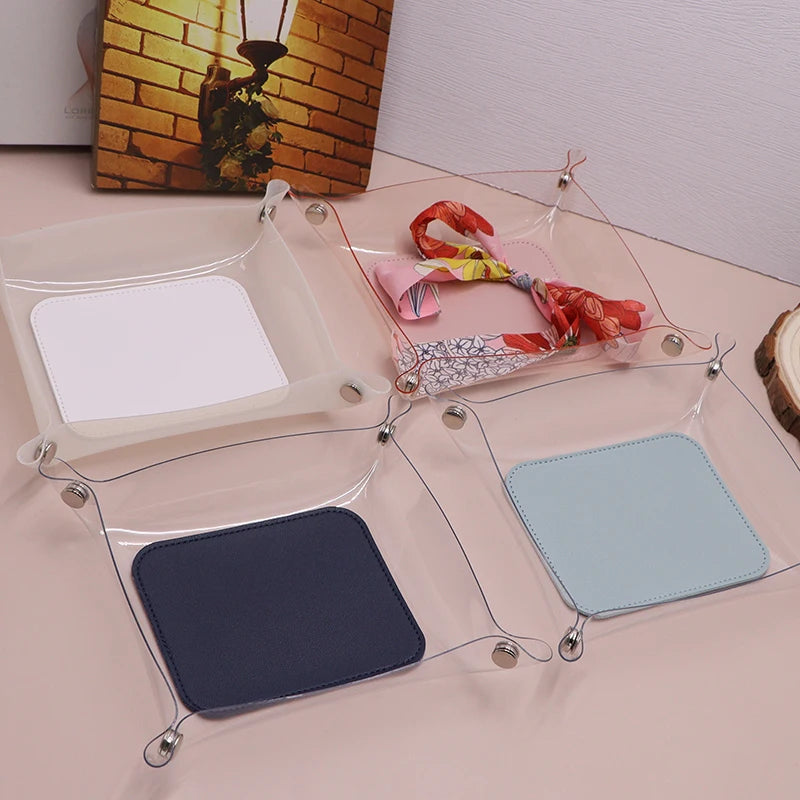 Decorative Storage Tray for Office Home PVC Leather Compact Tray WIth Snap Foldable Abbreviated Desk Organizer for Small Items