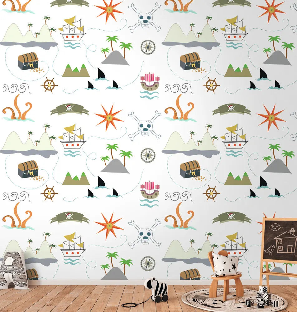 Germany Made Photo Wallpaper Murals for Bedroom Hospital Mall-Multicolored Cream Grey Green Non Woven Vinyl Wall Mural Pirates