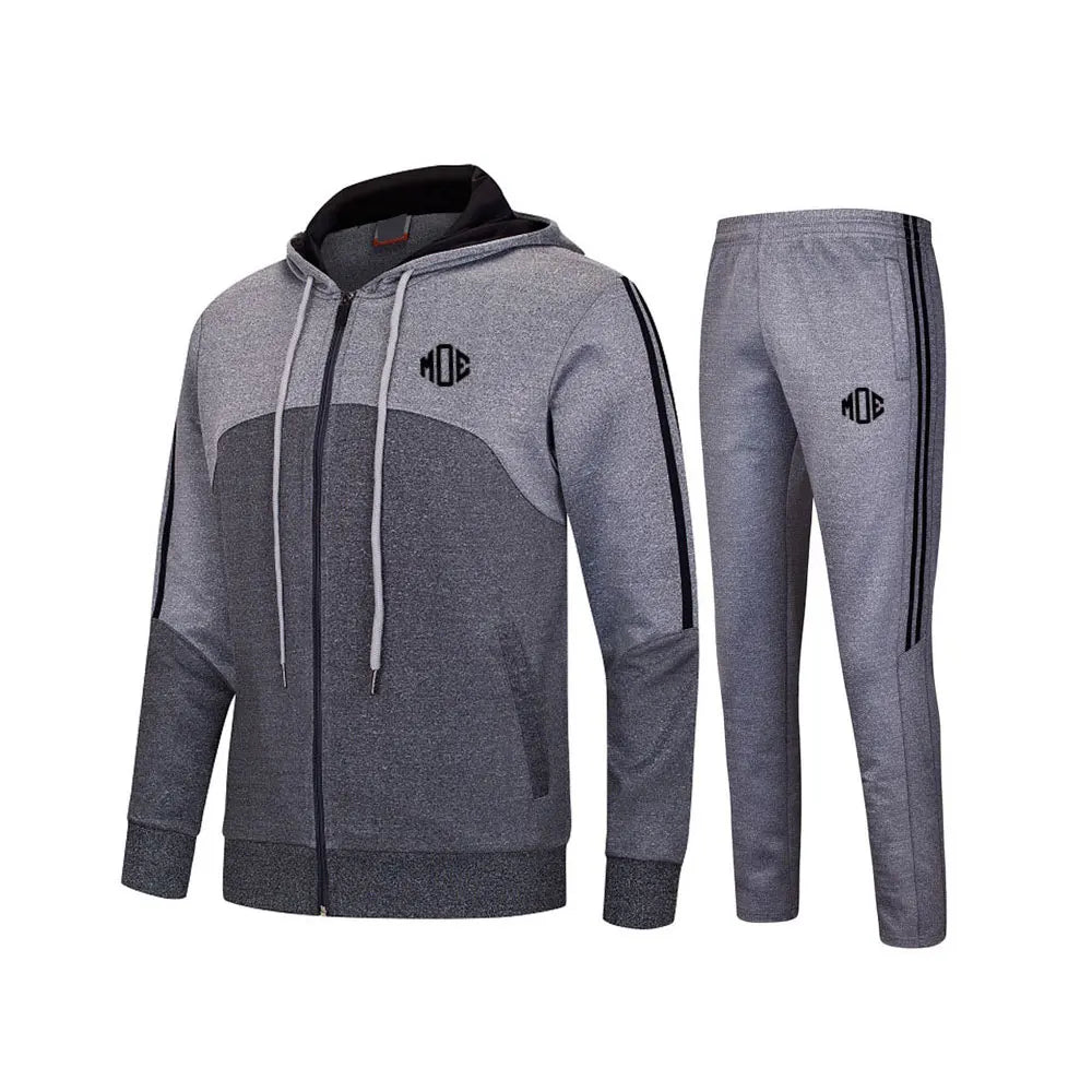 Grey Color Block Winter Fleece Tracksuit Set Zip-Up Hoodie & Joggers Black Stripe Detail 2-Piece Sportswear for Gym Training