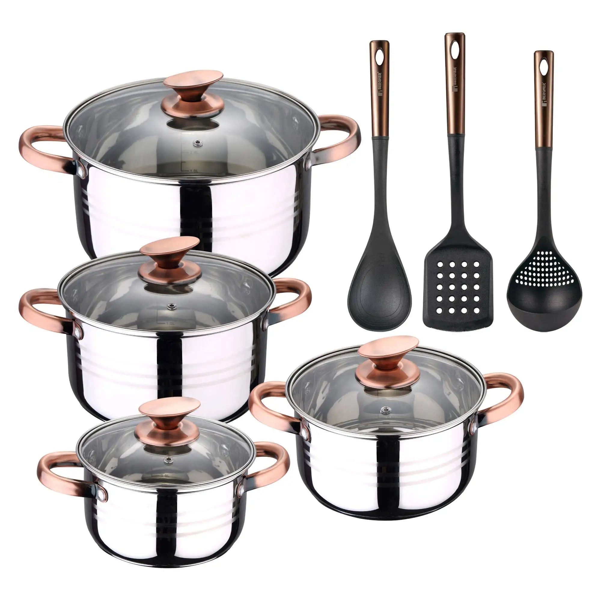 8-piece stainless steel cookware set suitable for induction cooktops San Ignacio Premium Collection + Bergner Copper 3-piece