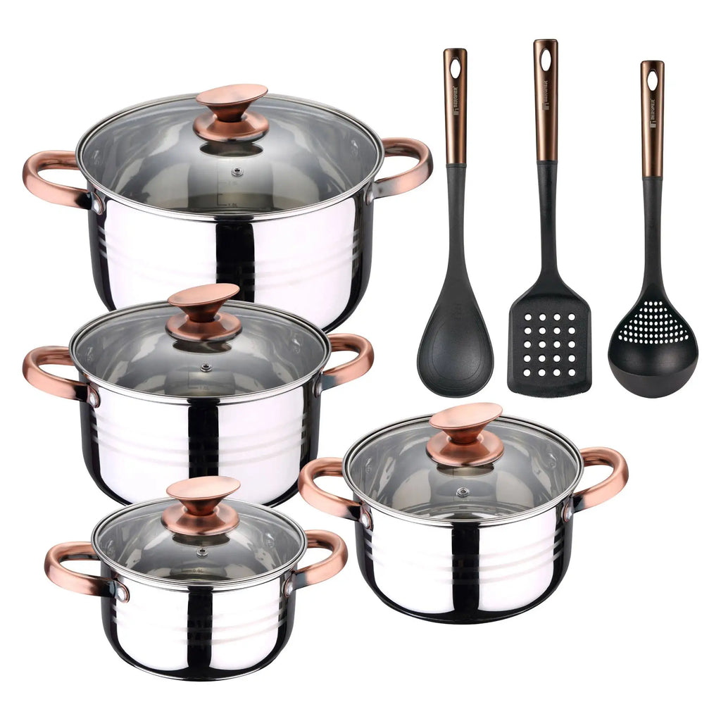 8-piece stainless steel cookware set suitable for induction cooktops San Ignacio Premium Collection + Bergner Copper 3-piece