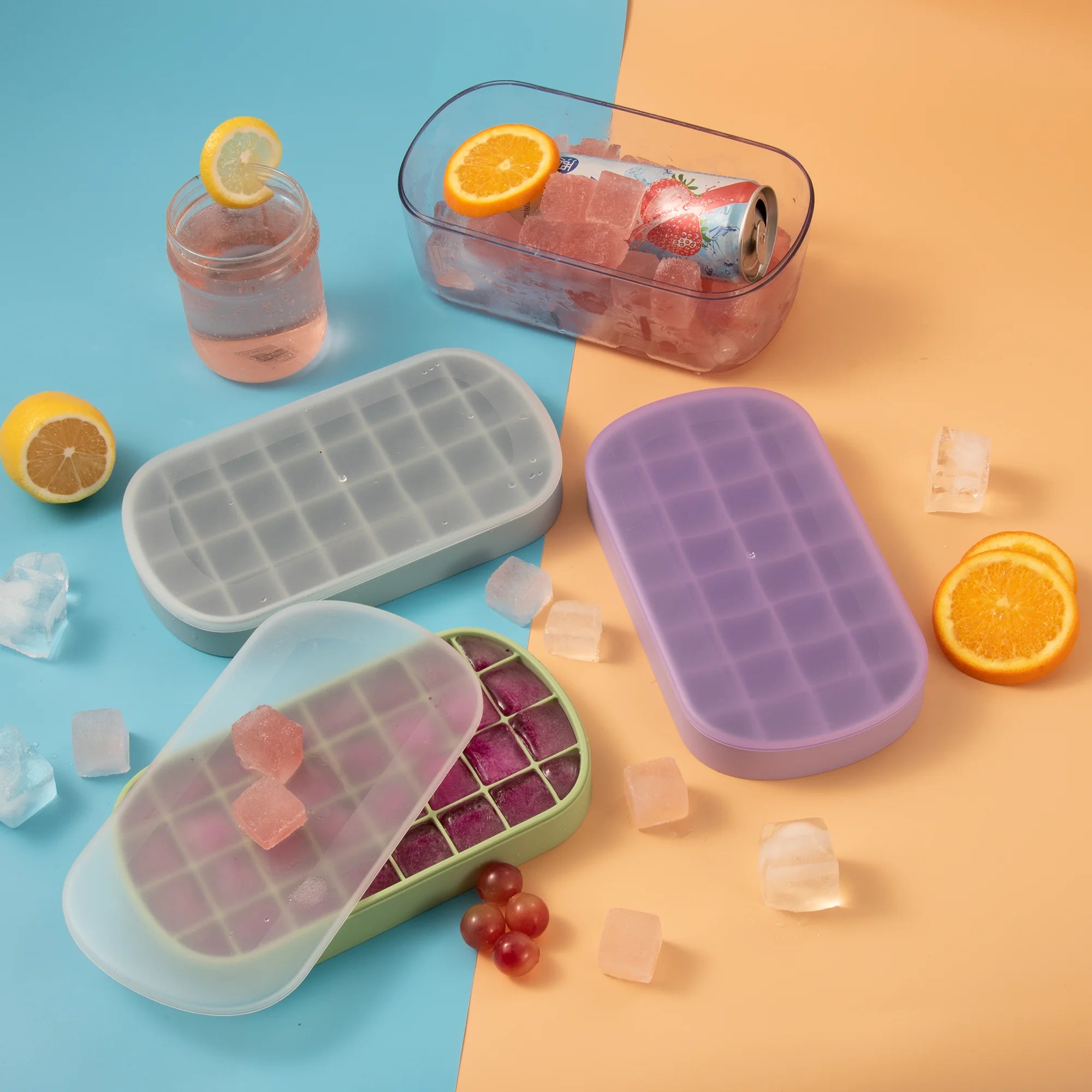 Custom Durable Stackable Plastic Soft Sole Ice Cube Mold Refrigerator Mini Square Easy-Release Ice Tray with Removable Lids OEM