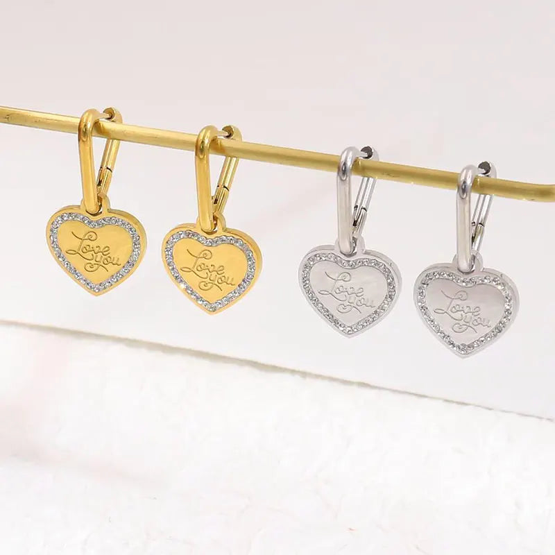 Fashion 18k Gold Plated Stainless Steel Love Shape Zircon Pendant Earrings Wholesale Tarnish Free Hypoallergenic Hoop Earrings