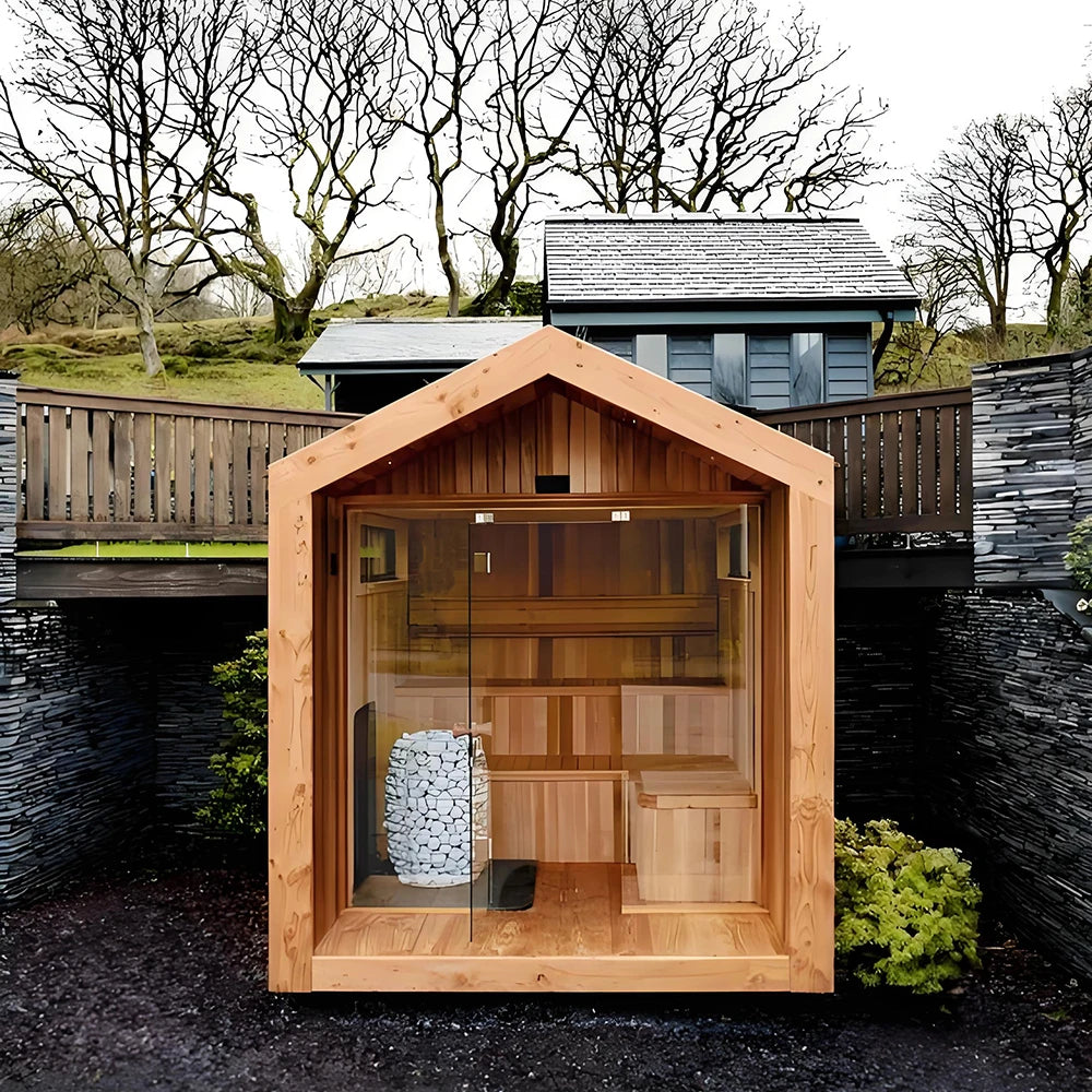Modern Garden Sauna Room Stylish 6-Person Luxury Outdoor Spire Bluetooth Speaker Far Infrared Function Red Cedar for Villas