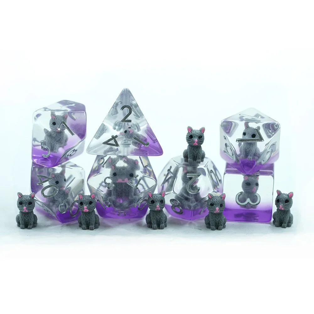Handmade Cute Grey Cat Polyhedral Resin Dice Set for Board Game Unique Shape and Feature