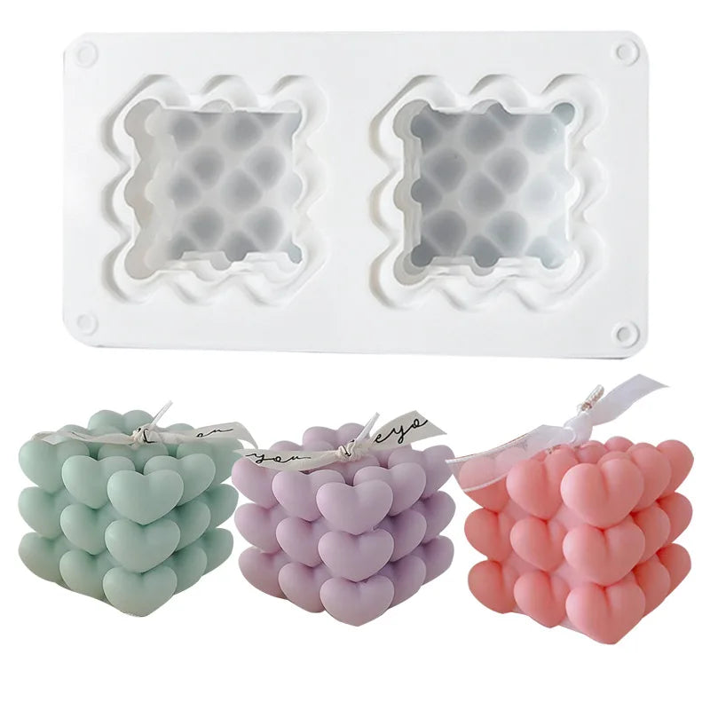 LifeTop 2 Cavity Heart Bubble Cube Candle Molds Silicone Valentine Heart Candle Molds 3D Bubble Molds for Soap Resin Home Decor