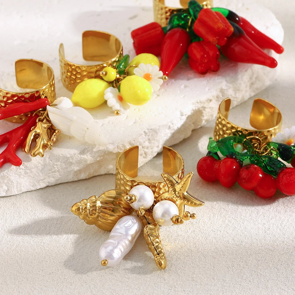 Dreamshow Fashion Jewelry Rings Imitation Pearl Summer Fashion Rings Set Gold Plated Stainless Steel Jewelry Set