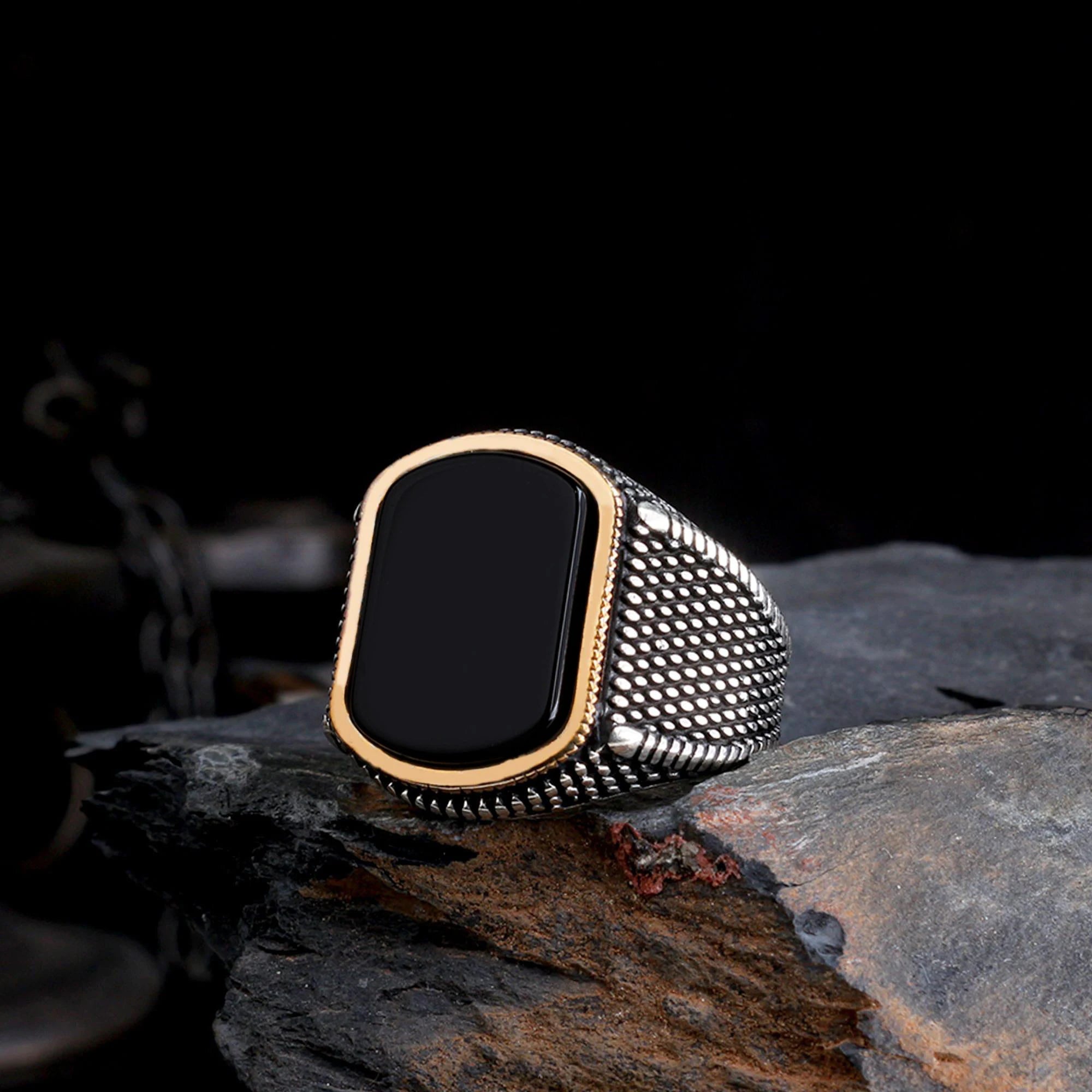Turkish Vintage Mens 925 Sterling Silver Bezel Setting Onyx Ring for Wedding Party Luxury Jewelry Wholesale Azuris Customized