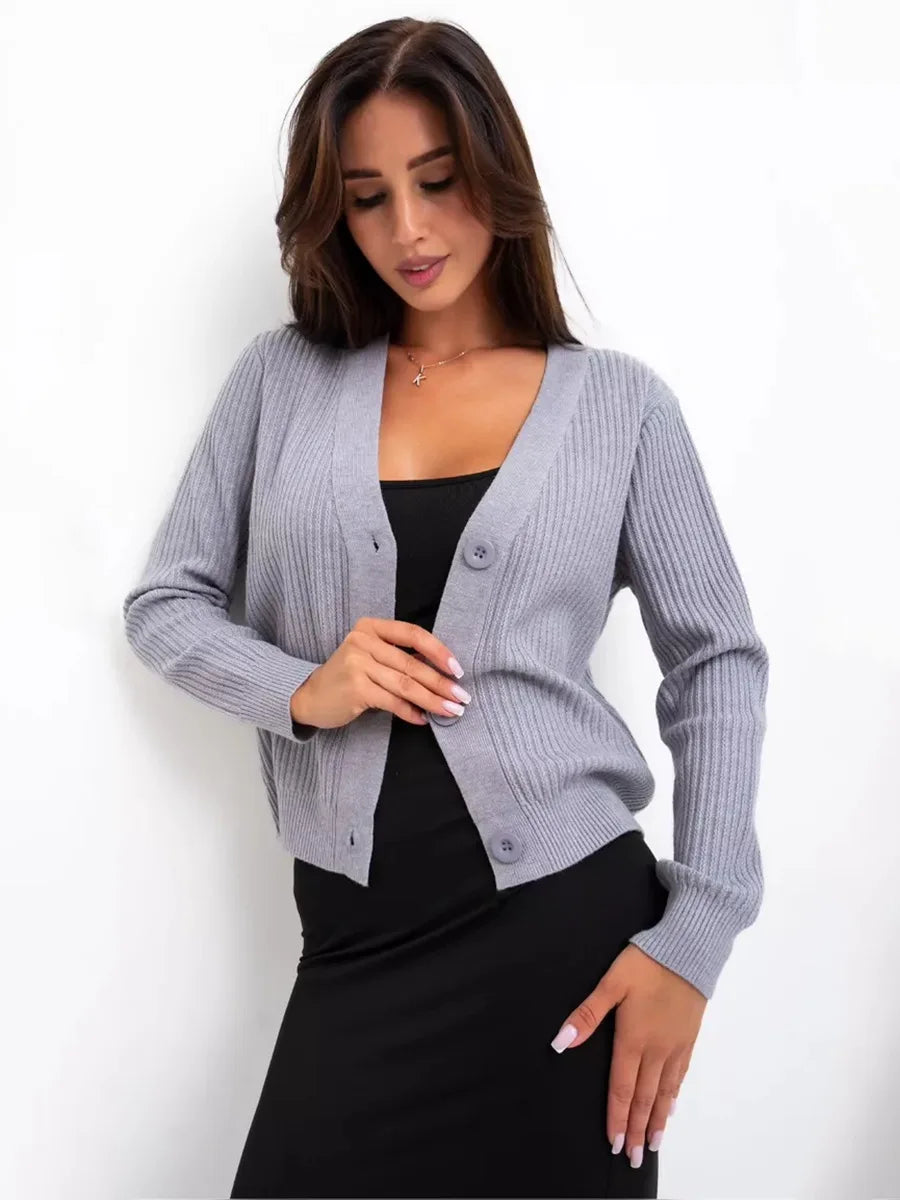 EU/US Women's Knit Cardigan - V-Neck Ribbed Button-Down Casual Fashion Knit Top