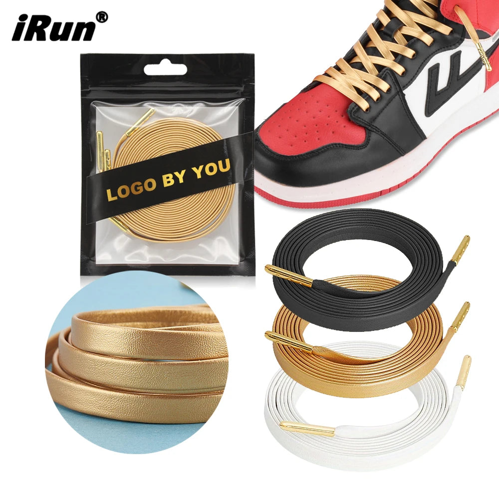 IRun Custom Luxury 8mm Italian Imported Genuine Sheepskin Leather Shoelaces Durable Waterproof Gold/Silver Metal Aglets Free
