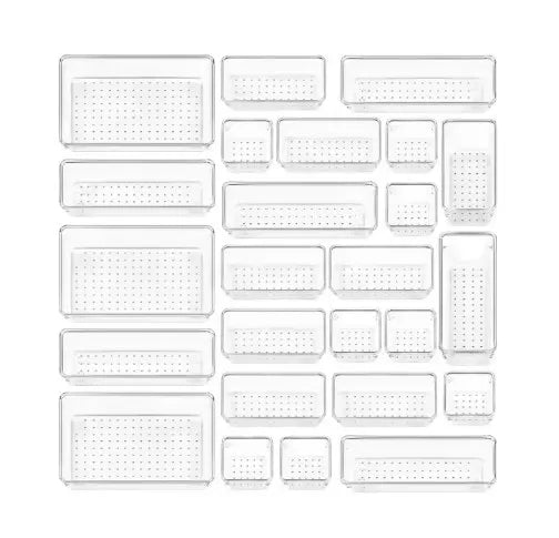 25 PCS Clear Plastic Drawer Organizers Set 4-Size Versatile Bathroom and Vanity Drawer Organizer Trays for Makeup Bedroom