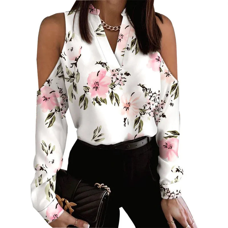 2025 New Popular Versatile Long-Sleeve Cold-Shoulder Printed Shirt Blouse Tops for Women Stylish