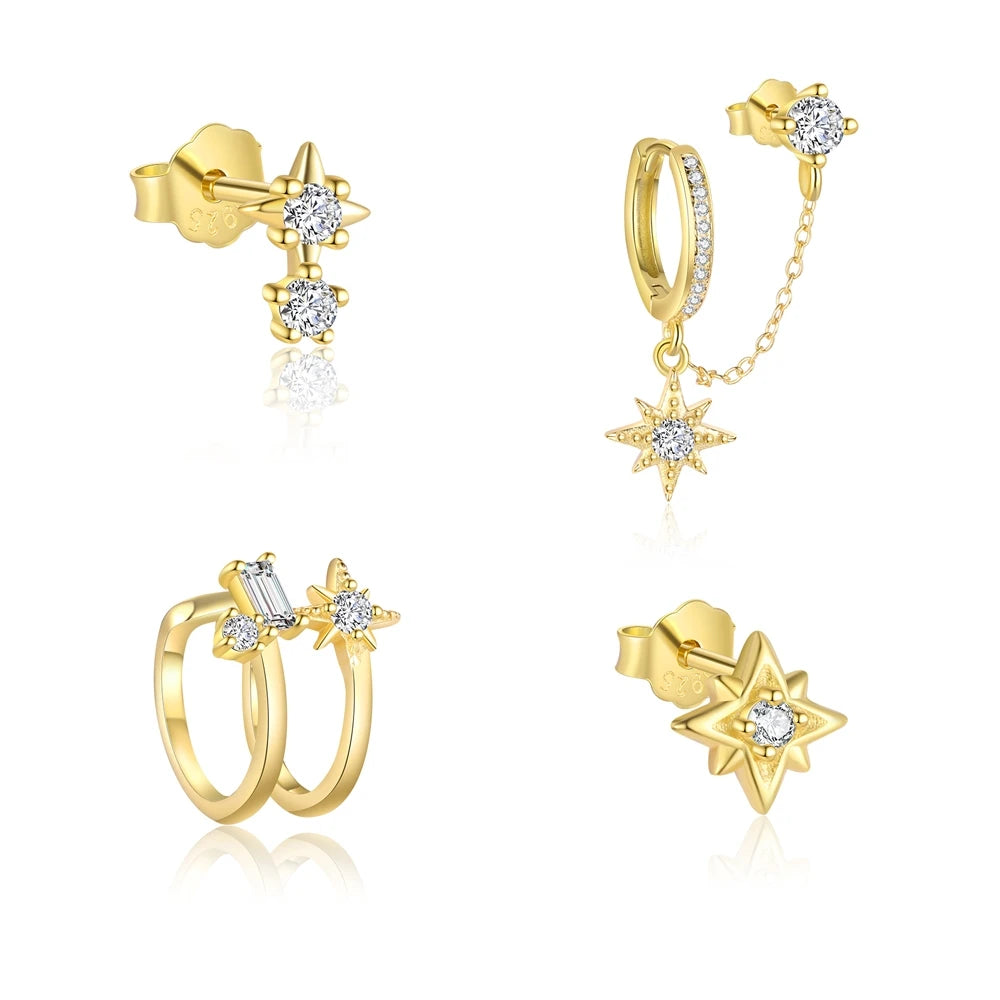 Fashion Fine Jewelry 925 Sterling Silver  Eight-Pointed Star Zircon Dangle Drop Chain Tassel Stud Cuff Earrings Sets