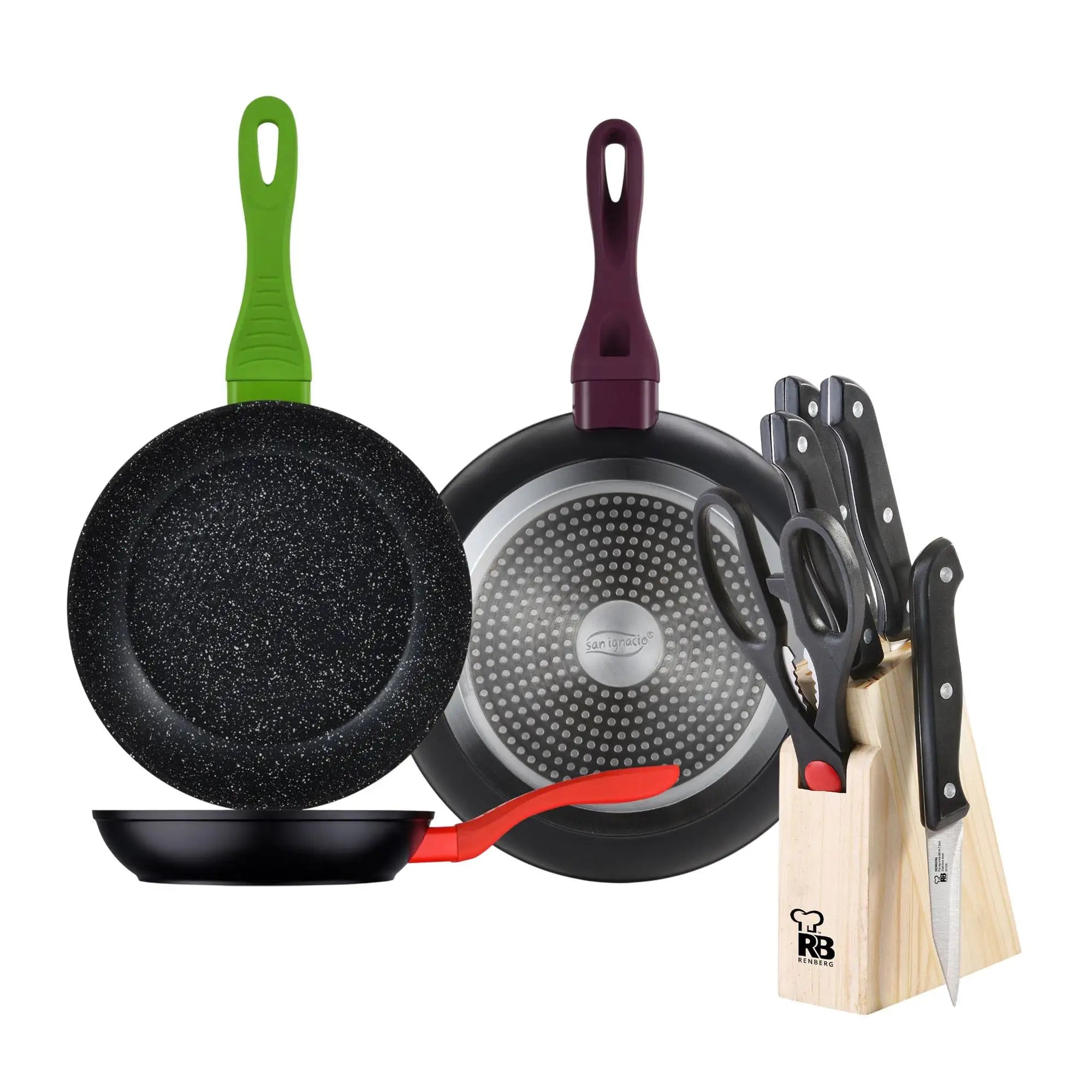 RENBERG Set of 3 Frying Pans 202428 in Black Forged Aluminum with Colored Handles + 6PC Wooden Knife Block (4 Knives +