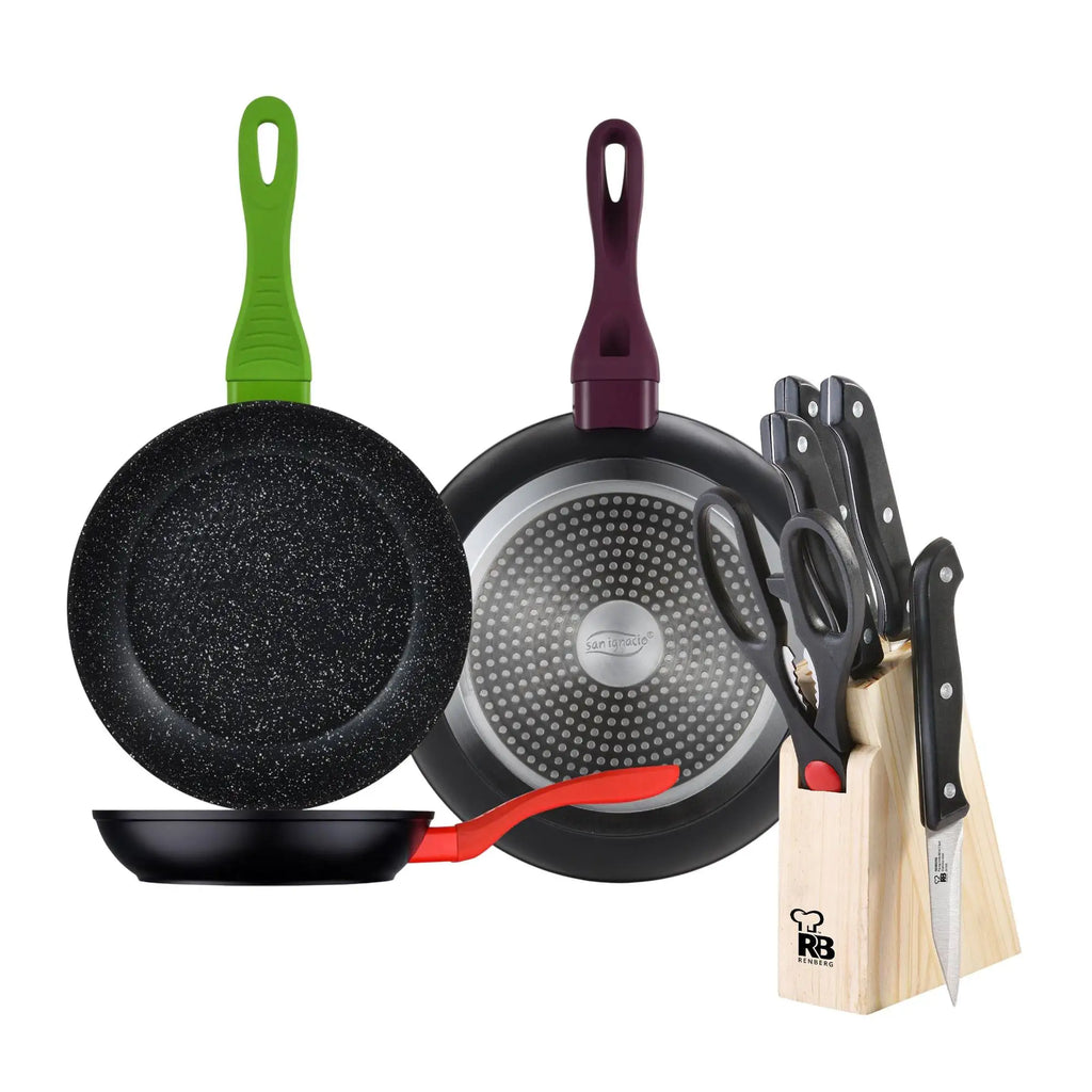 RENBERG Set of 3 Frying Pans 202428 in Black Forged Aluminum with Colored Handles + 6PC Wooden Knife Block (4 Knives +