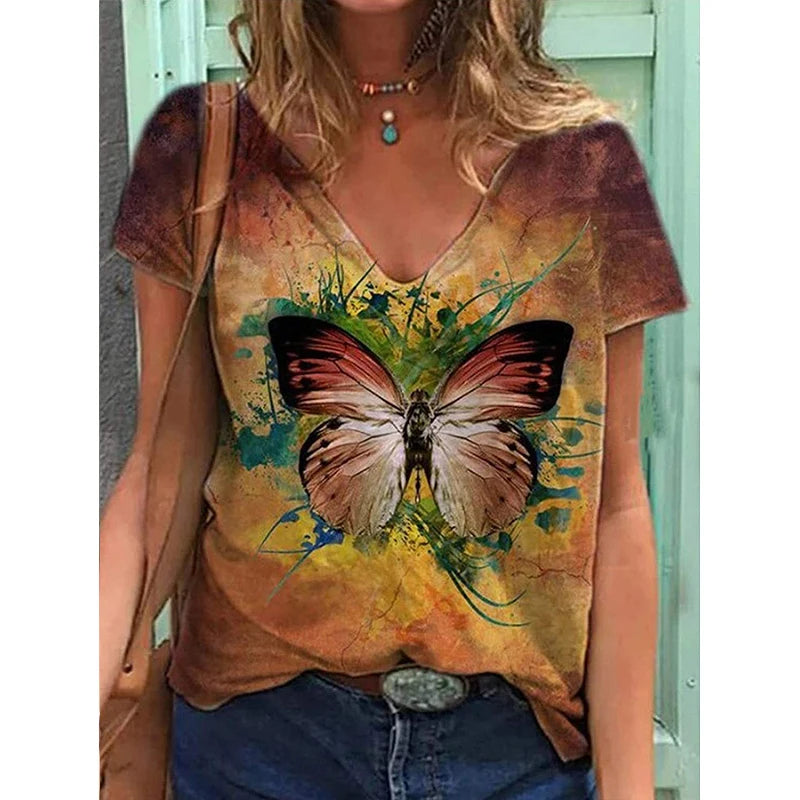 2025 Summer New Style Women's V - Neck Short - Sleeved Top: Sexy 3D Animal Print T - Shirt