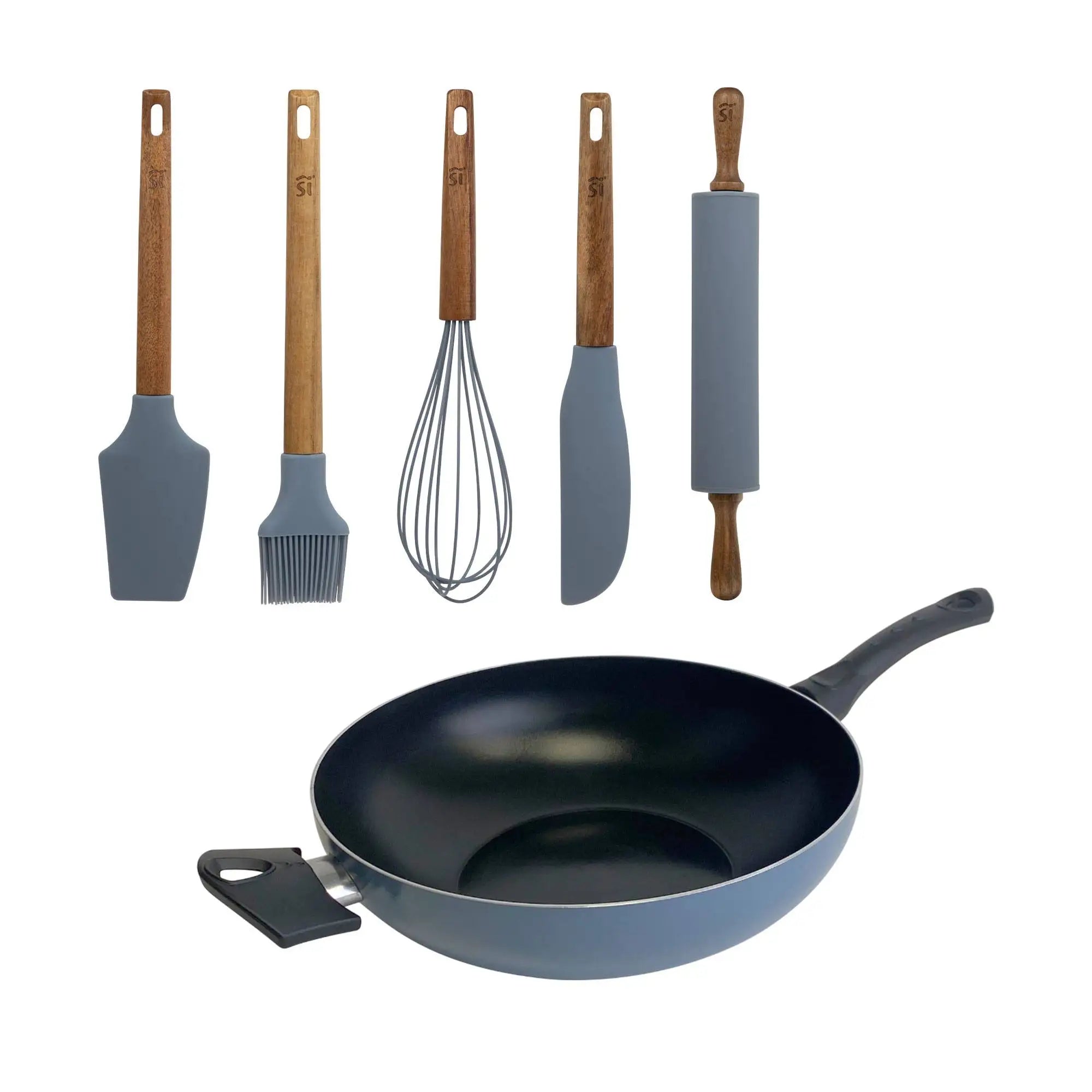30cm Diameter Blue Pressed Aluminum Wok + Set of 5 Silicone and Wooden Utensils NOIA San Ignacio