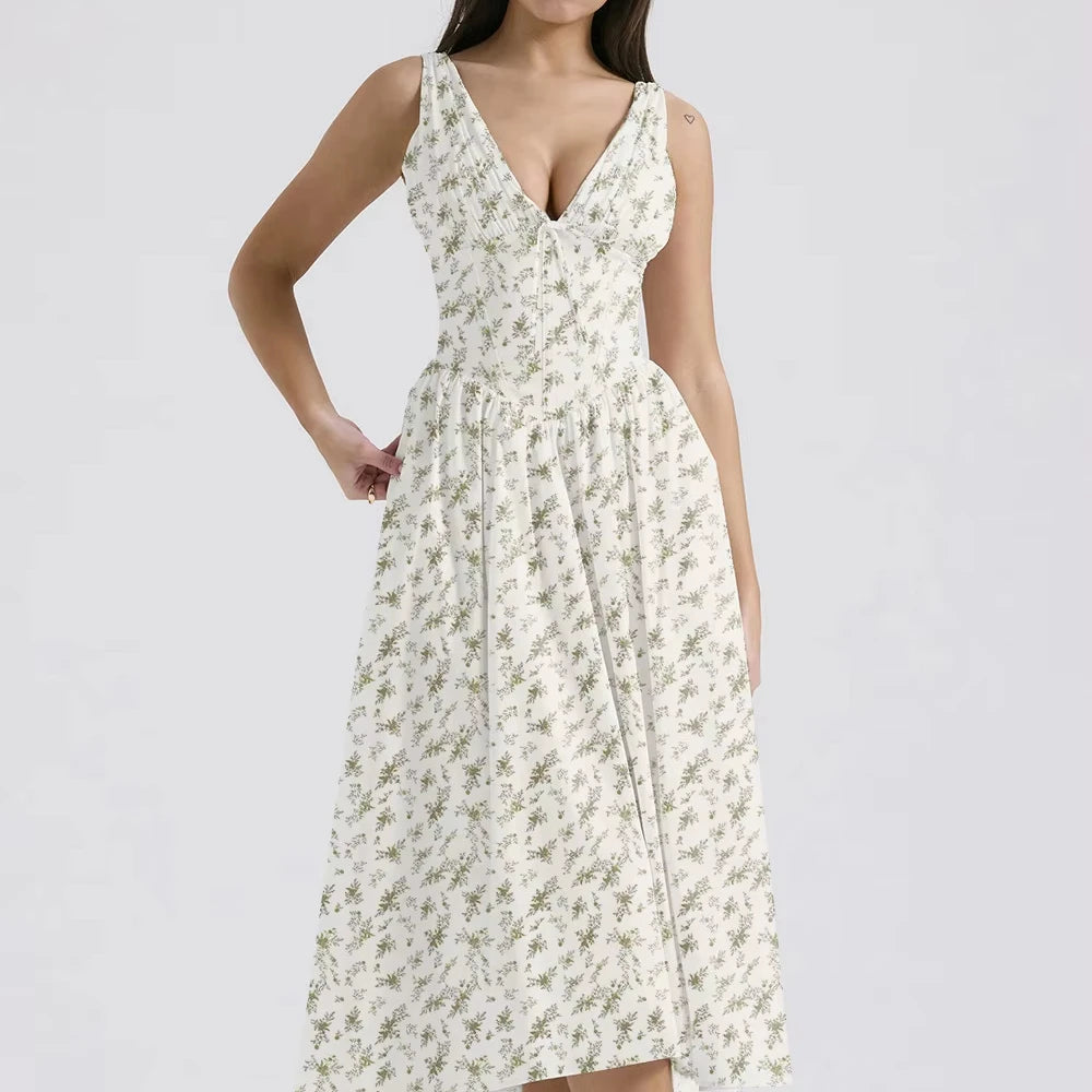 2025 Summer New Style Slim-fit Strappy Maxi Dress with Fashion Print and V-neck a Stylish and Elegant Dress Dresses Women
