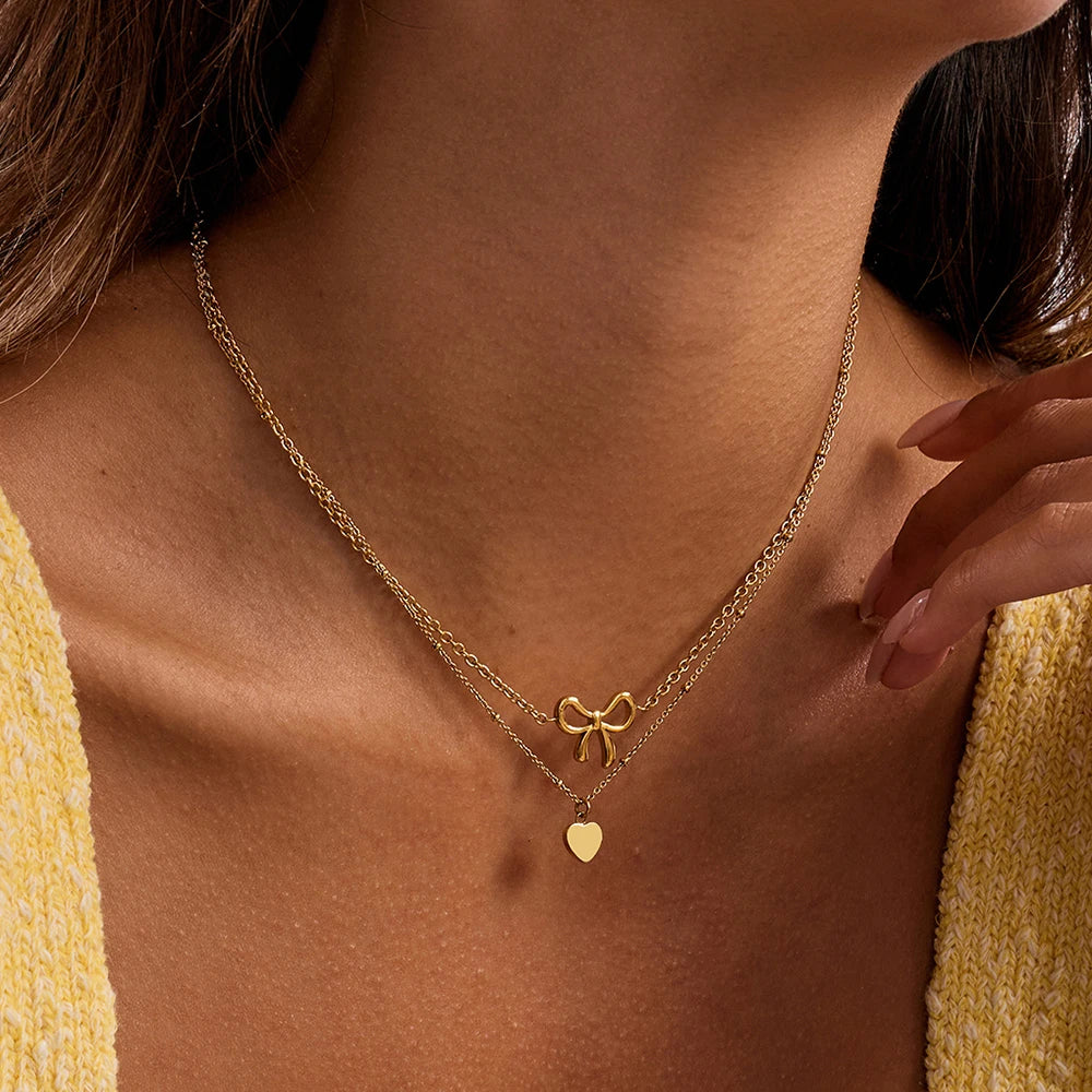 J&D Sweet 18K Gold Plated Stainless Steel Bow Heart-Shaped Pendant Double Layered Necklace