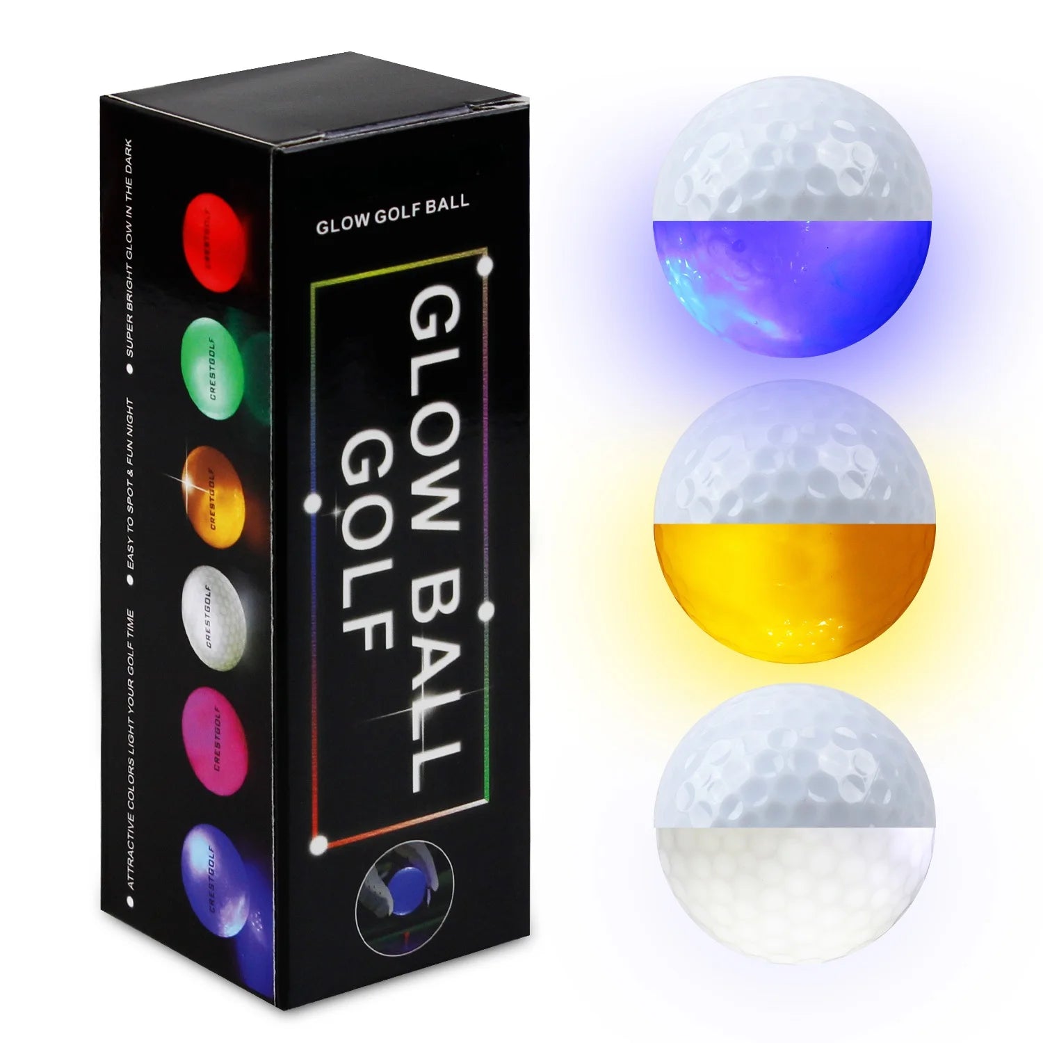 Constant Light up Glowing Two Piece LED Golf Balls with Colored Luminous LEDs 3 Balls/Set for Night Training