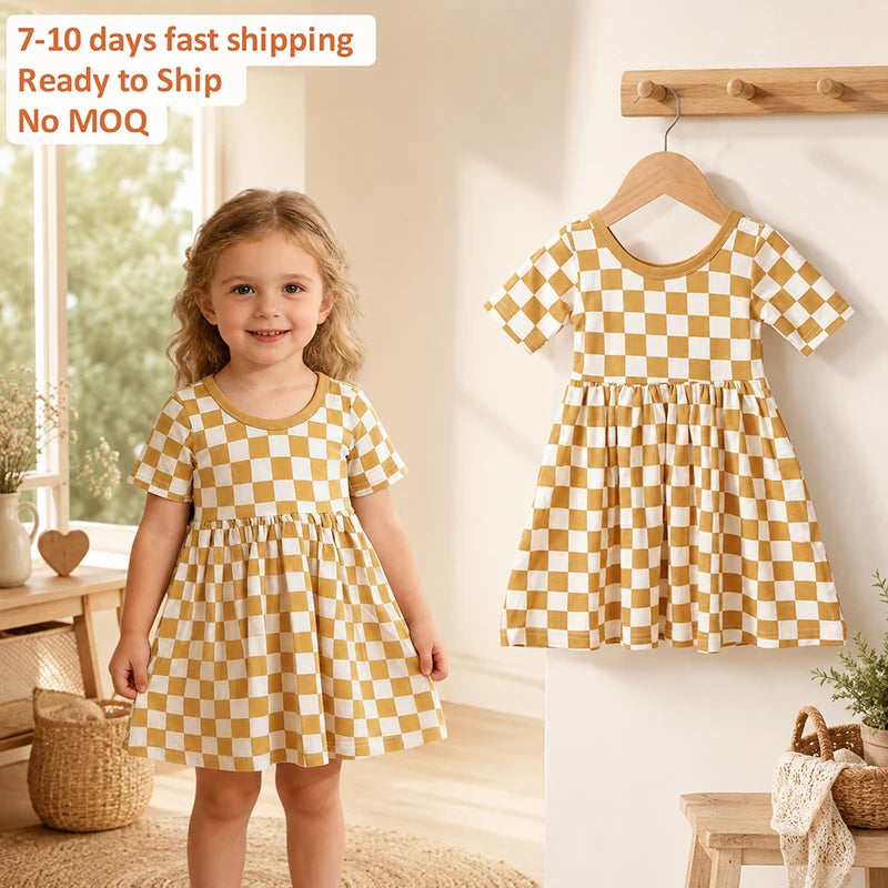 Checkerboard Print Bamboo Fiber Short Sleeve Dress Daily Casual Wear MegaBDM