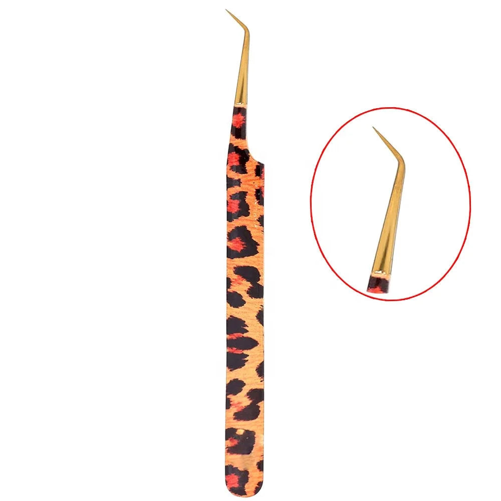 2025 Cheetah Leopard Print 45 90 Degree Slim Boot Sustainable Precision Stainless Steel Eyelash Tweezers Metal Material