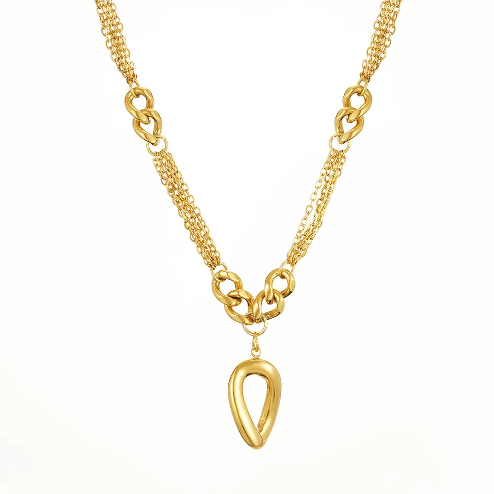 Latest 18K Gold Plated Stainless Steel Jewelry Multi-layer Chain Stitching  Irregular Oval Pendant for Women Necklace P243489
