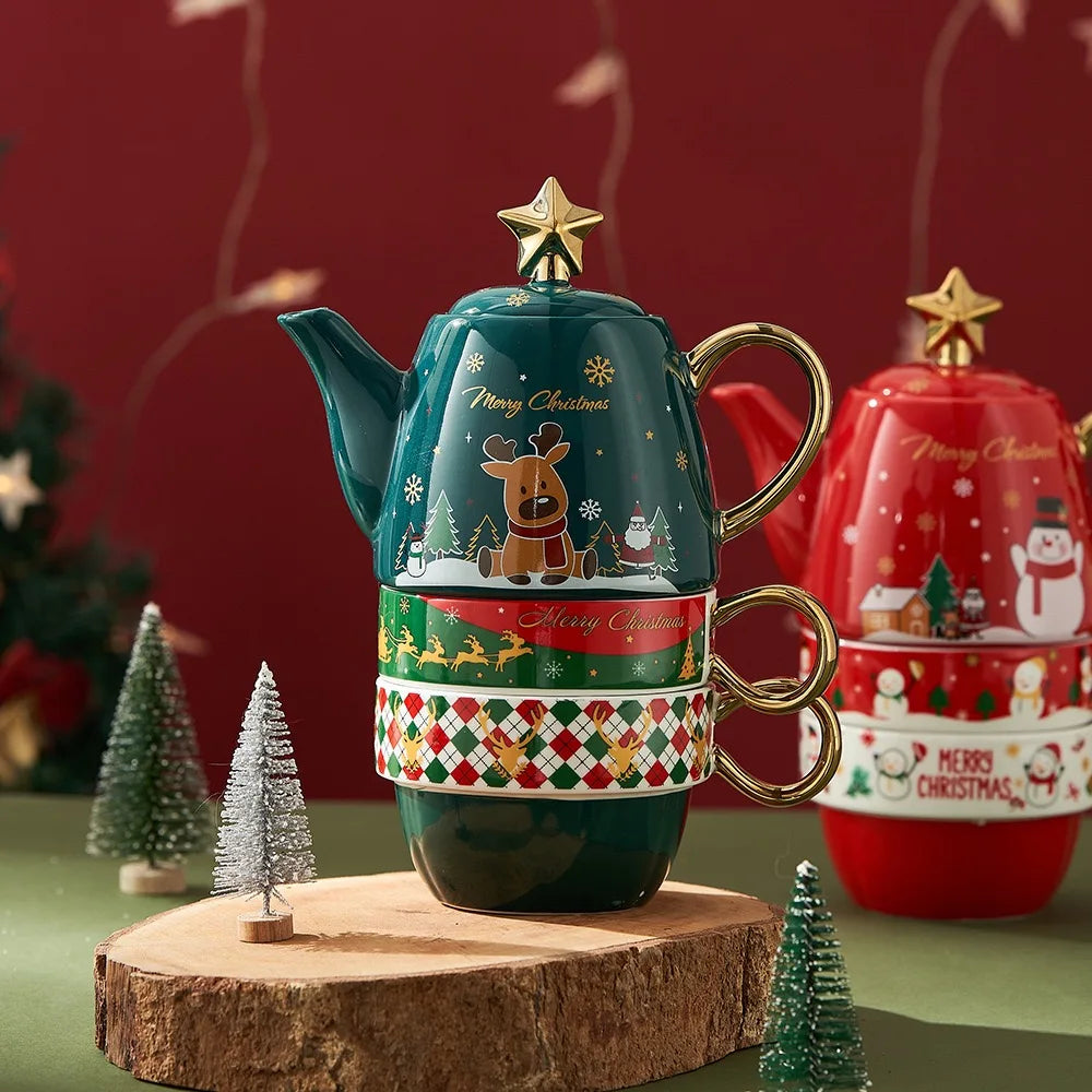 Christmas Presents Festive Durable Ceramic Porcelain Coffee Tea Set Santa Claus Reindeer Design white red Smooth Glossy Glaze