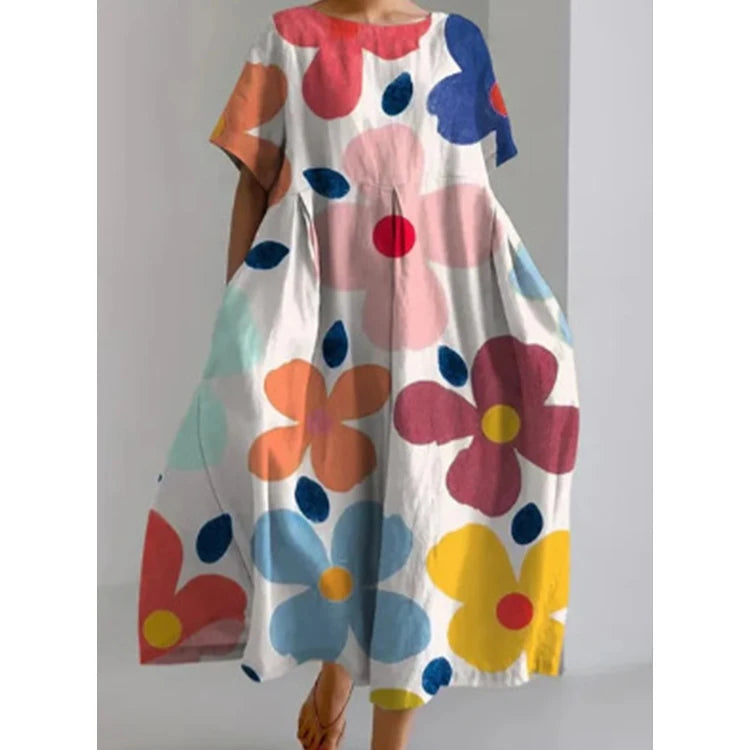 2025 Summer New Collection: Relaxed Crewneck Chic High-end Short-sleeved Printed A-line Dress