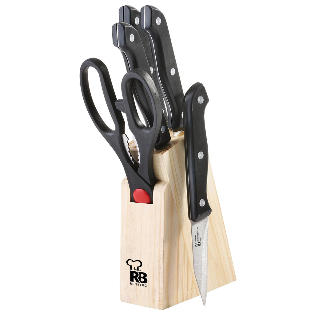 6-PIECE SET (4 KNIVES + SCISSORS + BLOCK) STAINLESS STEEL - WOOD - BONN COLLECTION
